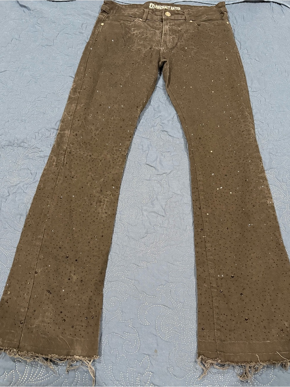 Studded Olive Green Wide-Leg Jeans